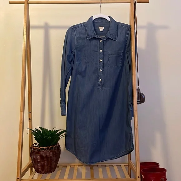 denim shirt dress j crew J.Crew Women's Cerise Lightweight Chambray Shirt Dress Midi Length Blue
